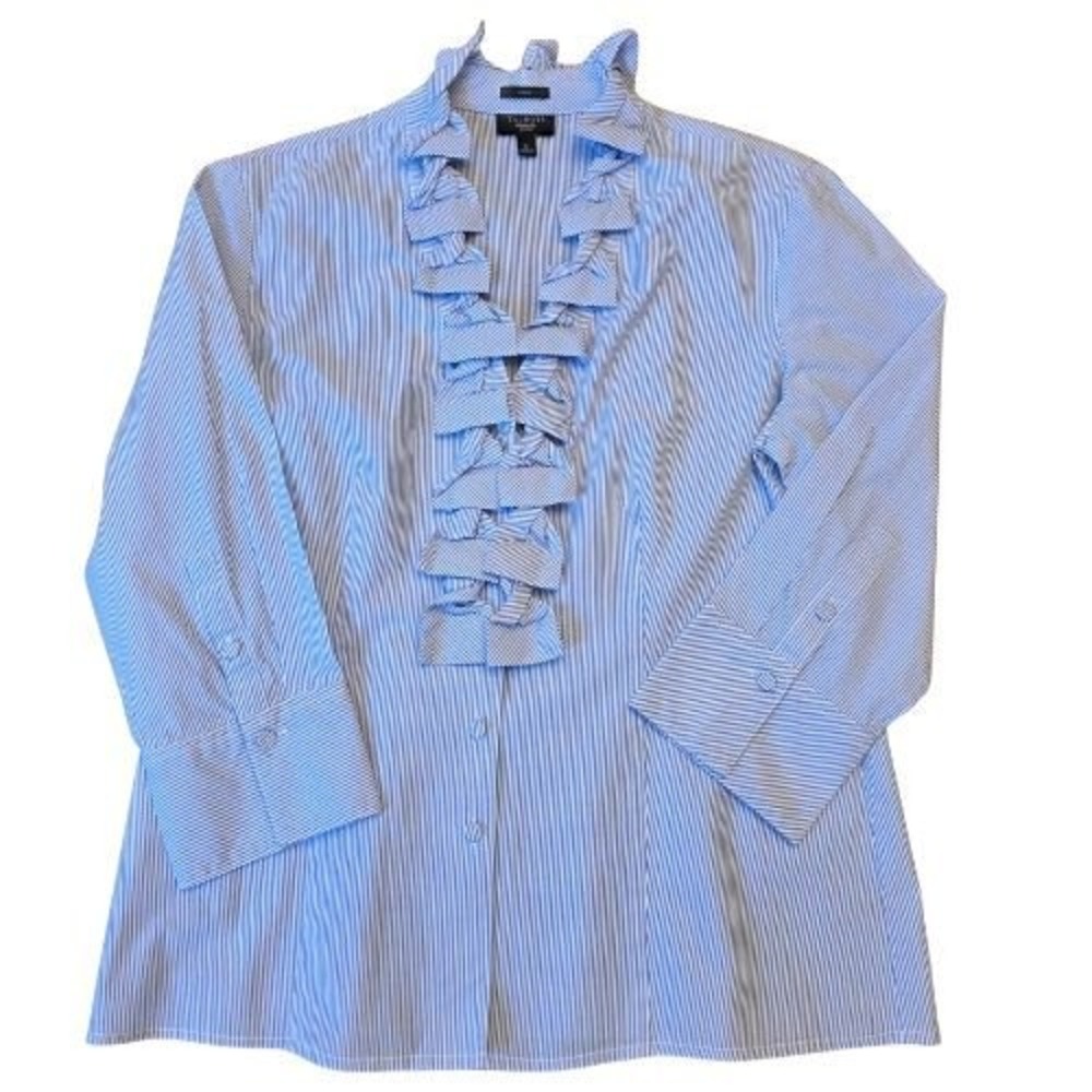 Talbots Womens 8 Petite Blue White Striped Ruffle Bow Front 3/4 Sleeve Blouse‎